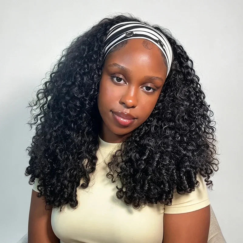 Headband Wigs Human Hair 230% Density Burmese Curly Human Hair Wigs Wear and Go Wigs Full Machine Made Wig Beginner Friendly